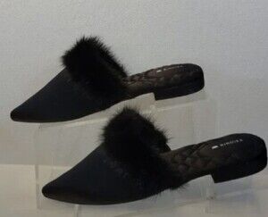 Birdies The Dove Onyx Black Women's Slip On Mink Fur Pointed Toe Mules Shoes